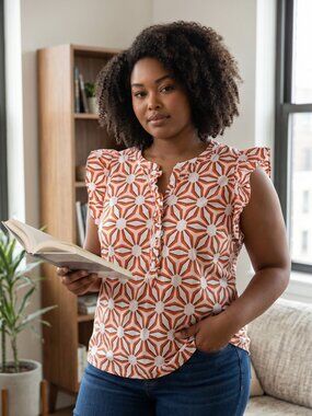 Charter Club Orange Geometric Ruffle Sleeve Blouse Size Small